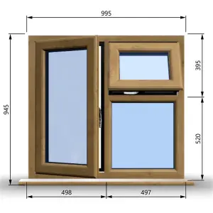 995mm (W) x 945mm (H) Wooden Stormproof Window - 1 Opening Window (LEFT) - Top Opening Window (RIGHT) - Toughened Safety Glass