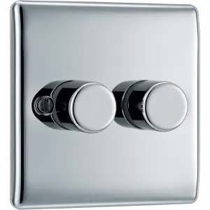 BG Raised slim Silver Chrome effect 2 gang profile Double 200W Dimmer switch