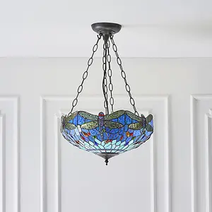 Luminosa Dragonfly Tiffany 3 Light Medium Inverted Ceiling Pendant Bronze, Blue