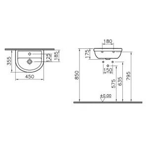 Vitra Milton 45cm cloakroom basin 1 tap hole no pedestal