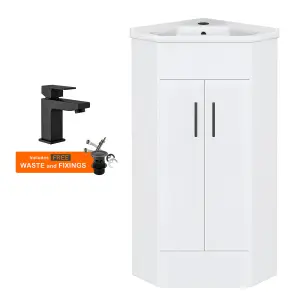 Bubly Bathrooms™ Two Door Corner Vanity Unit & Basin Sink - 555mm - Gloss White with Black Tap