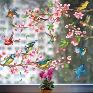 Cherry Blossom Flowers Watercolour with Birds On The Branch Spring Window Clings