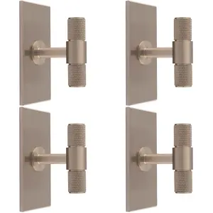 4 PACK - Knurled T Bar Cabinet Door Knob & Matching Backplate - Satin Nickel 76 x 40mm