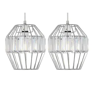 First Choice Lighting Set of 2 Beaded Chrome Cage Pendant Shade with Clear Prism Detail