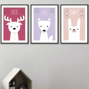 Set of 3 Scandi Nursery Forest Animals Pink Lilac Wall Art Prints / 50x70cm / Black Frame