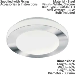 Wall Flush Ceiling Light Colour White Chrome Shade White Plastic Bulb LED 11W