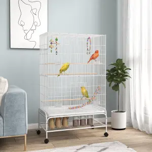 PawHut Bird Cage with Stand, Wheels, Toys, for Budgies, Finches, White