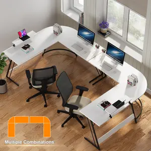 L-Shaped Metal Base Computer Desk White/Black / 74 H x 130 W x 130 D