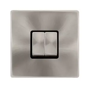 Brushed Steel Screwless Plate 10A 2 Gang 2 Way Ingot Light Switch - Black Trim - SE Home