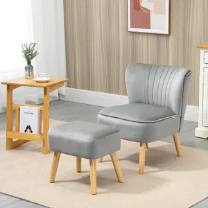 HOMCOM Velvet-Feel Accent Chair w/ Ottoman Tub Seat Padding Wood Legs Light Grey