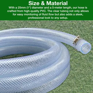 25mm (1") Clear Braided PVC Hose -5m, Food Grade for Water, Airline, Compressor, Drain Down - Includes 2 Stainless Hose Clips