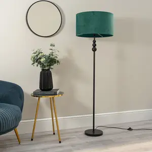 ValueLights Marissa Matt Black Stacked Ball Floor Lamp with Forest Green Velvet Shade