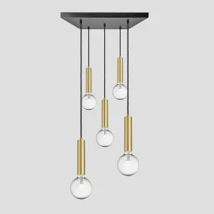 Industville Sleek Cylinder 5 Wire Square Cluster Lights, Brass