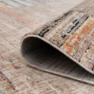 Beige Multicolour Distressed Bordered Soft Fringed Runner Rug 60x240cm