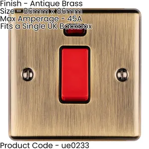 2 PACK 1 Gang Single 45A Cooker Switch Neon - ANTIQUE BRASS & BLACK Rocker DP