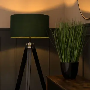 ValueLights Clipper Modern Black Wood and Silver Chrome Tripod Floor Lamp with Forest Green Drum Shade