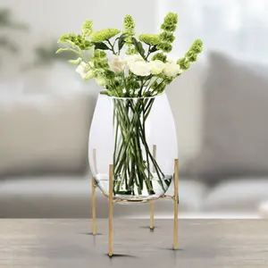 URBNLIVING 17cm Height Clear Glass Table Vase on Gold Feet Stand Elegant Wedding Flowers Centrepiece