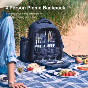 VonShef 4 Person Navy Tartan Picnic Backpack Hamper with Cooler Compartment, Includes Tableware & Fleece Picnic Blanket