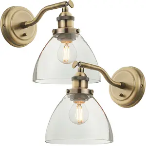 2 PACK Dimmable LED Wall Light Antique Brass Glass Shade Adjustable Lamp Fitting