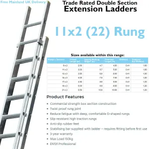 22 Rung Aluminium Double Section Extension Ladders & Stabiliser Feet 3m 5m