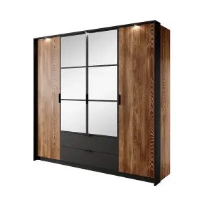 Milton Contemporary 4 Mirrored Hinged Door Wardrobe 9 Shelves 2 Drawers 1 Rail Chestnut Wood Effect (H)2020mm (W)2000mm (D)570mm