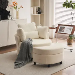 Chenille Swivel Armchair with 3 Back Cushion Pillow Ottoman Crescent Stool, Ivory 