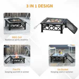 Outsunny 76cm Square Garden Fire Pit Square Table w/ Poker Mesh Cover Log Grate