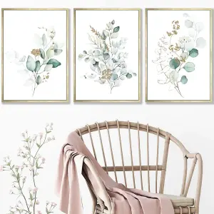 Set of 3 Green Blue Watercolour Eucalyptus Set 1 Wall Art Prints / 42x59cm (A2) / Gold Frame