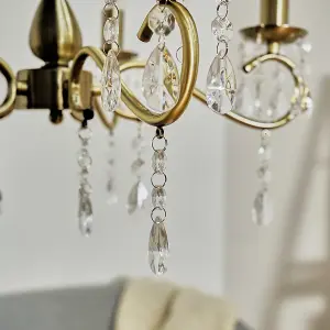 ValueLights Argyll Antique Brass 5 Way Crystal Jewel Chandelier Ceiling Light Fitting