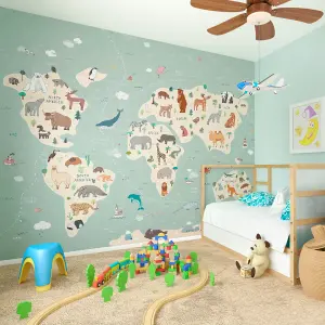 Origin Murals Children's Green World Map Matt Smooth Paste the Wall Mural 350cm wide x 280cm high