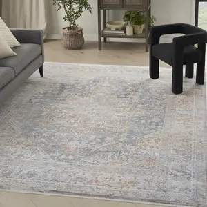 Ivory Blue Floral Bordered Traditional Rug For Dining Room Bedroom & Living Room-76cm X 122cm