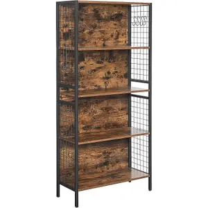 VASAGLE Bookcase, Office Storage Shelf, 4 Tiers for Books, Steel Frame, S-Shaped Hooks, Room, Studio, Rustic Brown and Black