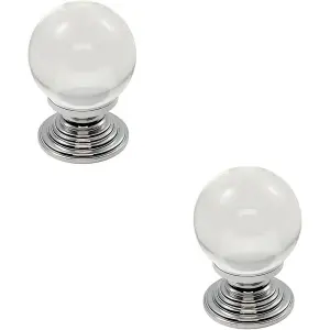 2x Crystal Ball Cupboard Door Knob 34mm Diameter Clear Translucent & Chrome