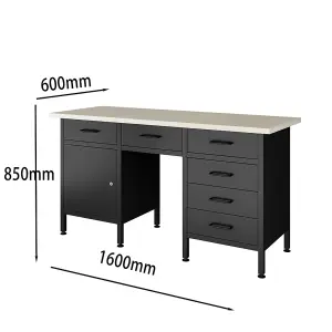 POLLOR 160 cm Steel Workbench Storage Desk Tool Holder With 6 Drawers Garage Workshop Black