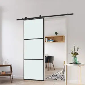 3 Lites Clear Glass Black Sliding Barn Door Panel with 6ft Hardware Kit Roller Track System