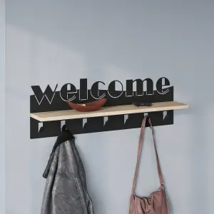 Decortie Modern Welcome Letter Wall Hanger Oak Metal 7 Metal Hooks for Hanging Shelf Rack Hotels Hallway Bedroom (Black)