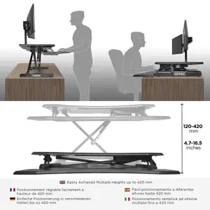 Duronic DM05D17 Sit-Stand Desk Workstation, Desk Convertor, Manually Height Adjustable 12-49cm, 82x45cm Platform - black