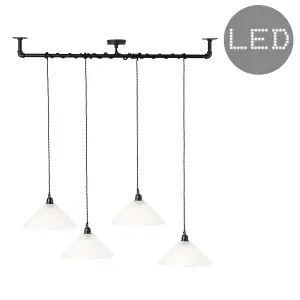 ValueLights Luiggi Satin Black 4 Way Pipework Bar Wrap Over Ceiling Light with White Frosted Glass Shades with LED Bulbs