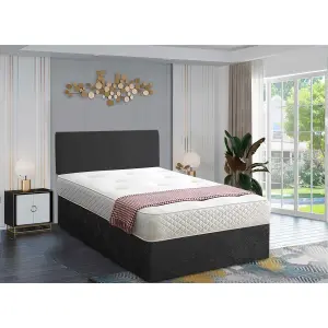 Loria Divan Bed Set with Headboard and Mattress - Chenille Fabric, Black Color, 2 Drawers Right Side