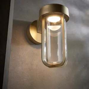 Brushed Gold Outdoor Wall Light with Glass Shade - IP44 Rated - Integrated LED