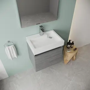 Wall Hung Vanity Basin Unit & Polymarble Basin - 500mm - Woodgrain Anthracite