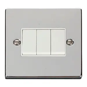 Polished Chrome 10A 3 Gang 2 Way Light Switch - White Trim - SE Home