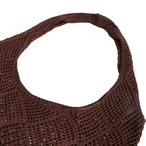 Brown Polyester Knitted Hollow Shoulder Bag with 25cm Strap Drop