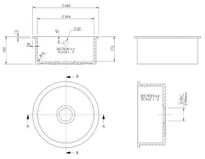 Fireclay Single Bowl Round Undermount Kitchen Sink, Central Waste & Overflow, 460mm - Soft Black