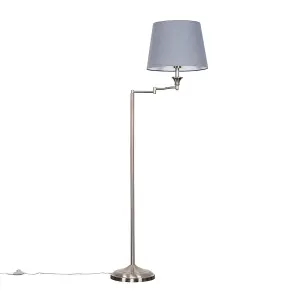 ValueLights Sinatra Adjustable Swing Arm Floor Lamp In Brushed Chrome Finish with Grey Tapered Light Shade with LED GLS Bulb