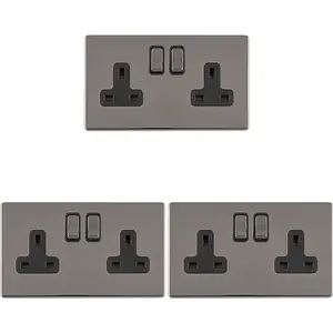 3 PACK 2 Gang DP 13A Switched UK Plug Socket SCREWLESS BLACK NICKEL Wall Power