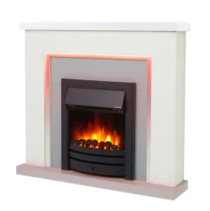 Bempton Electric Fireplace Suite - White top, Grey hearth, Black fire