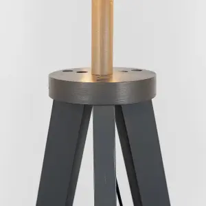 ValueLights Morrigan Grey Wood Tripod Design Floor Lamp with Storage Shelf & White Drum Shade - Includes 6w LED Bulb 3000K