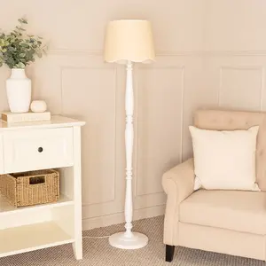 ValueLights Victoria White Wood Floor Lamp with Linen Scallop White Trim Tapered Shade & Bulb