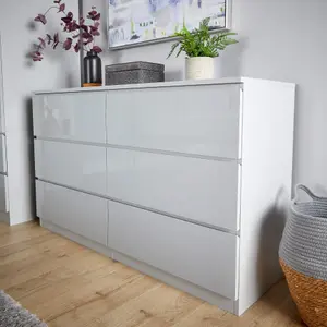 Home Source Lugano Grey 6 Drawer Wide Chest of Drawers High Gloss Drawer Fronts